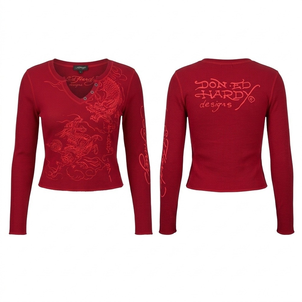 Ed Hardy Y2K Inspired Red Dragon Graphic Thermal Henley Long Sleeve Top Sz Lg